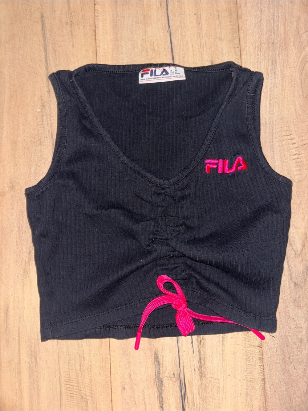 FILA Black Ribbed Crop Tank with Hot Pink Logo & Drawcord